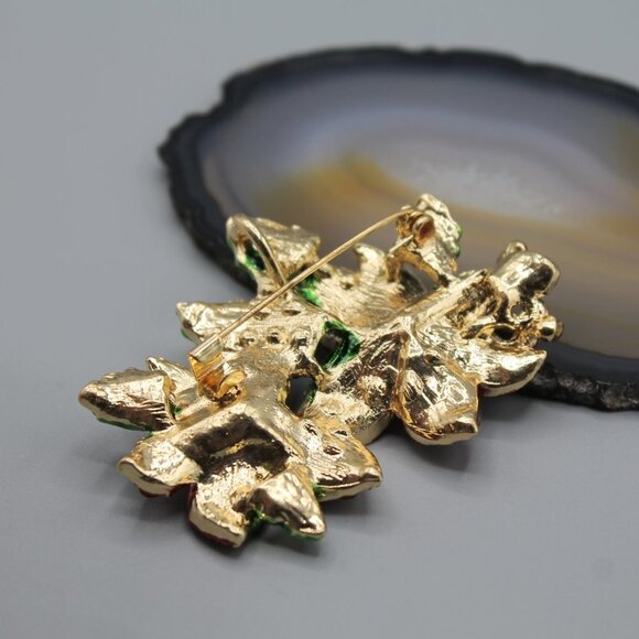 Poinsettia flower pin brooch jewelry Holidays Christmas yellow gold red green - Picture 4 of 11